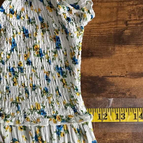 Rue 21 Floral Sundress XS Blue Yellow Ruffle Smocked Cottagecore Boho Y2K - Picture 4 of 9
